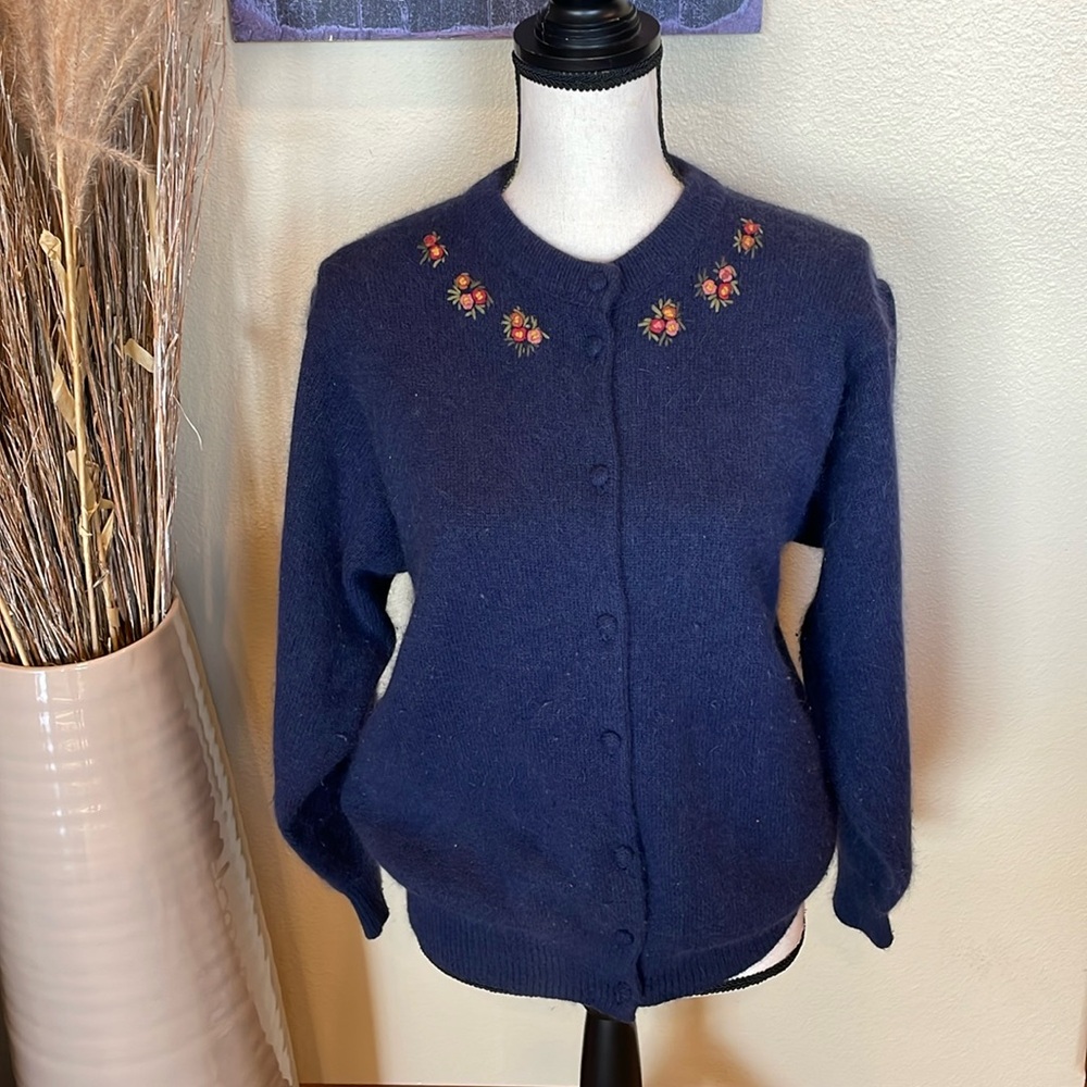 Vintage Cottage Core Button Up Cardigan Floral Angora Wool Blue Sweater Size M